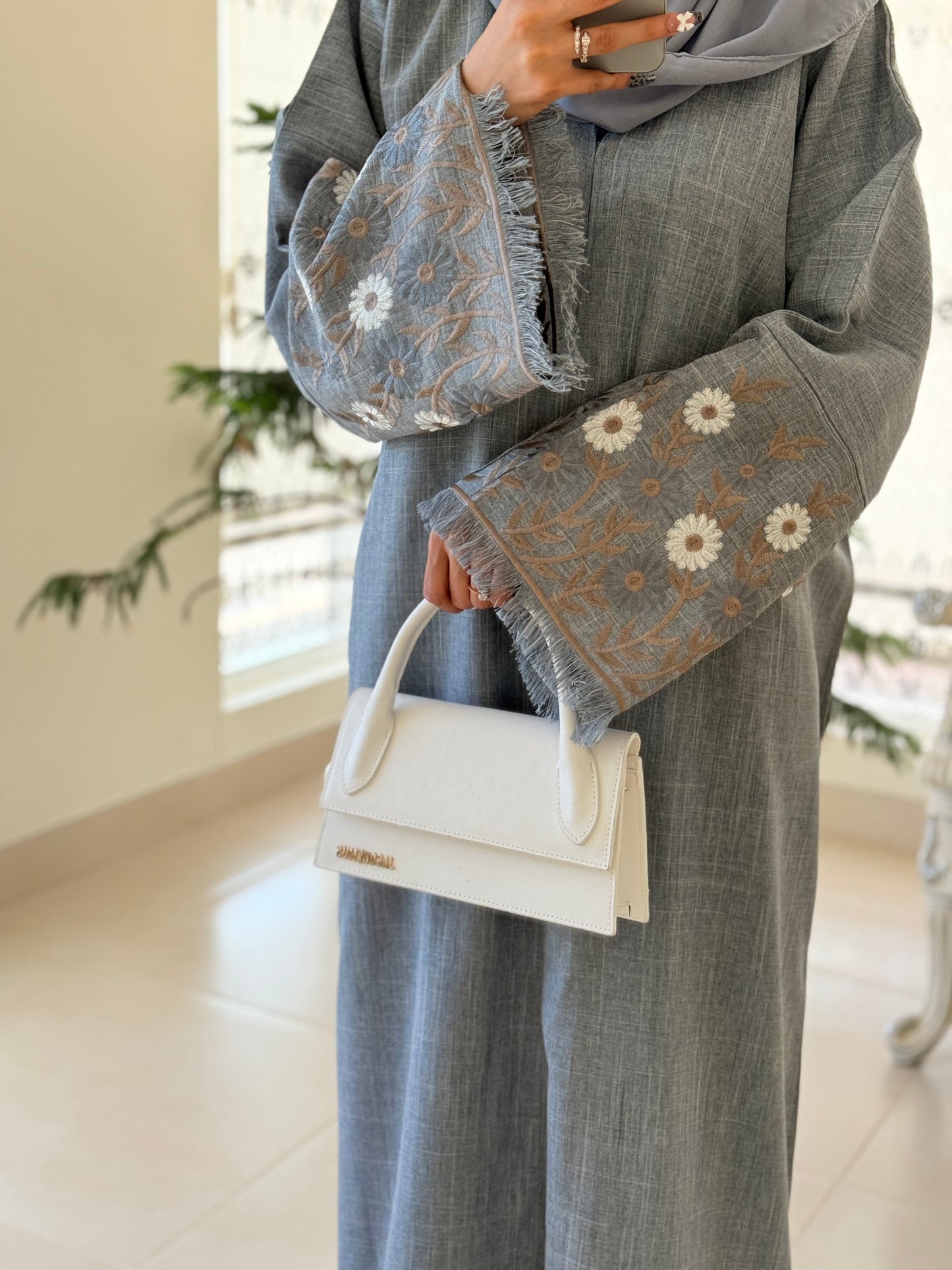 Farha Grey Floral Abaya