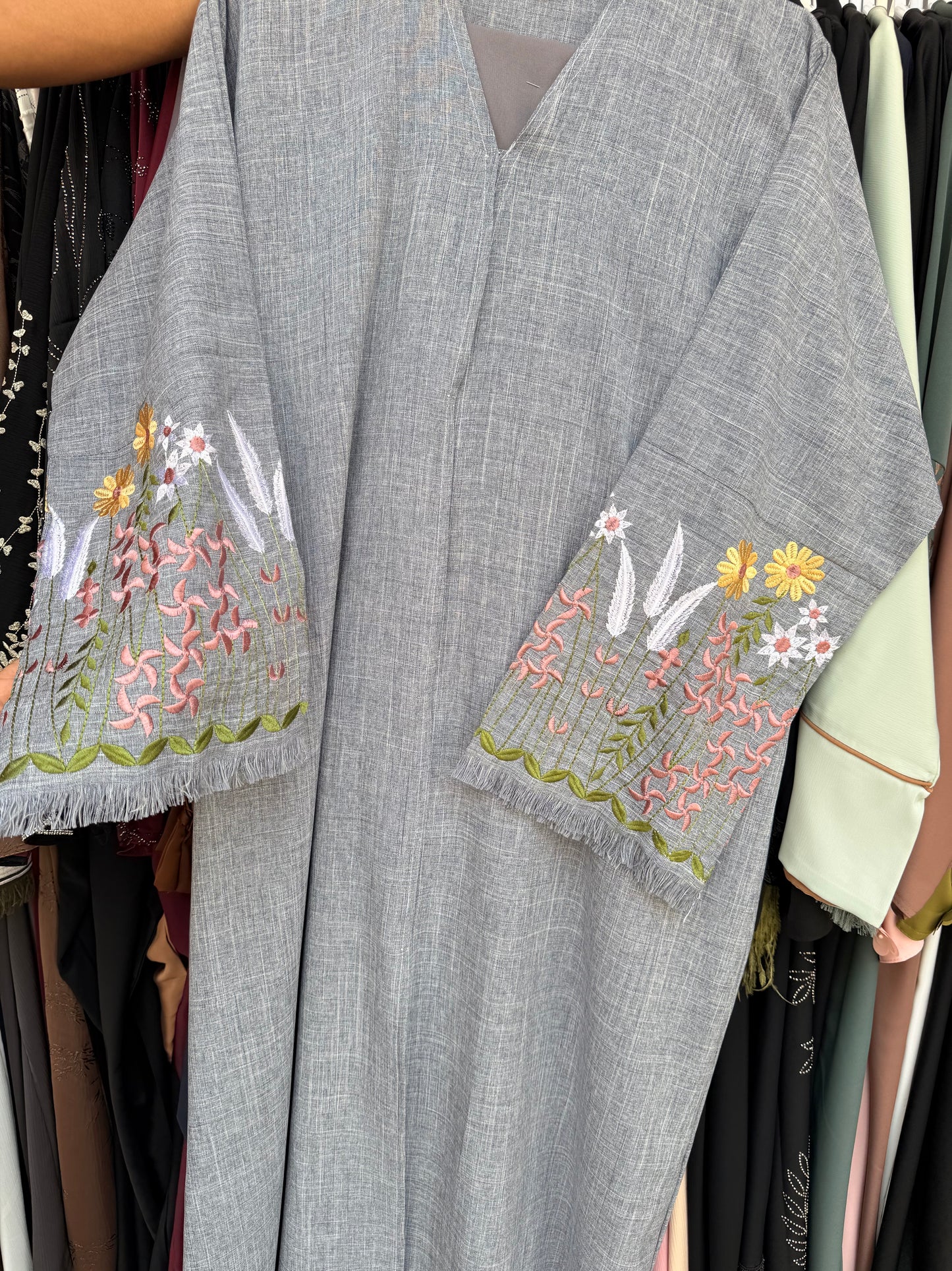 Flora Grey Linen Premium Abaya