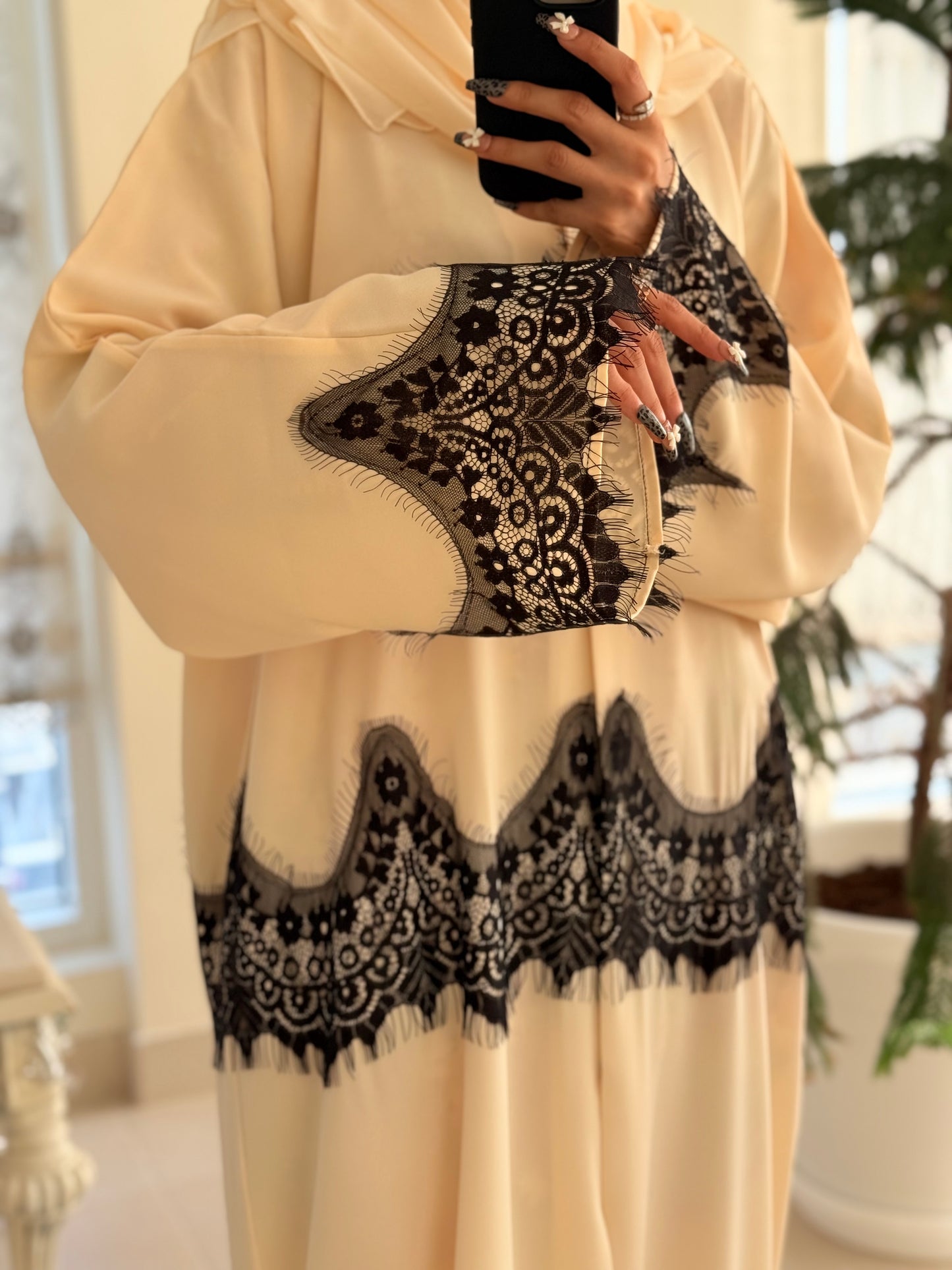 ‘Farya’ Cream and Black Laced Abaya