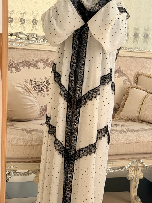 Marwah Luxury Double Chiffon Polka Laced Abaya
