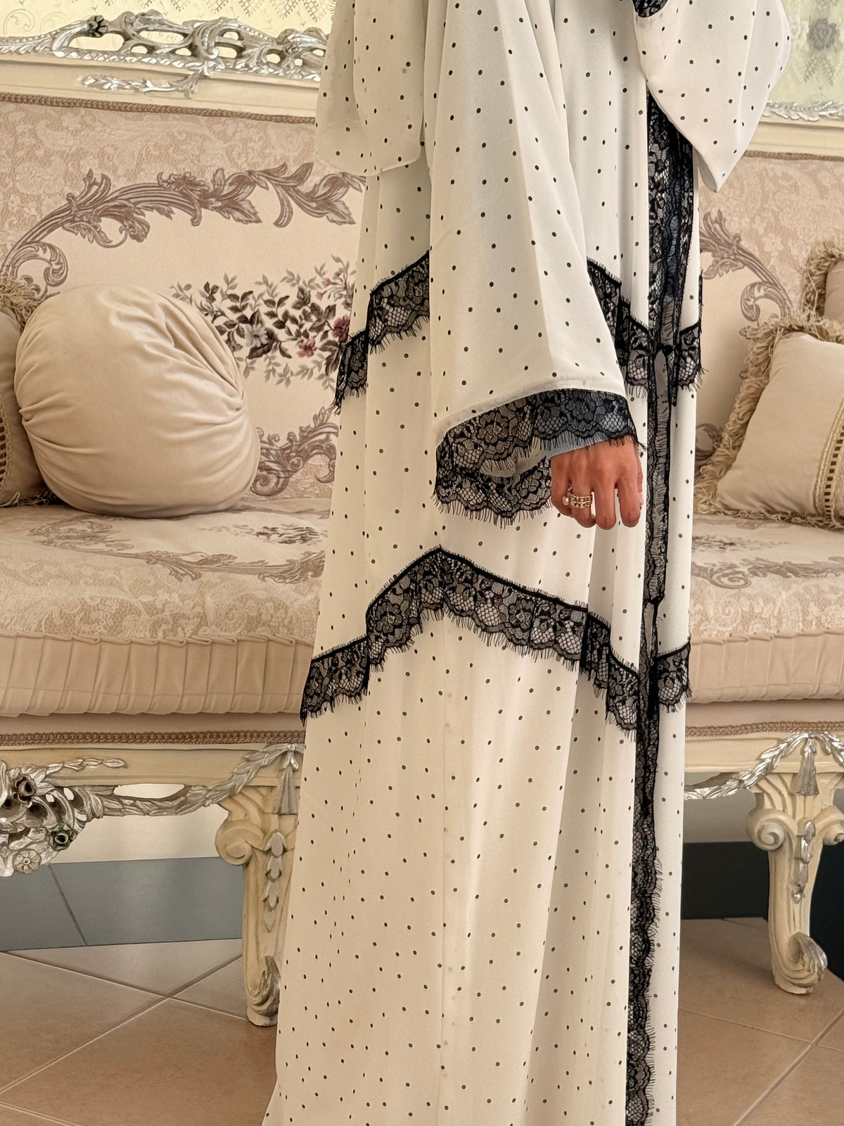 Marwah Luxury Double Chiffon Polka Laced Abaya