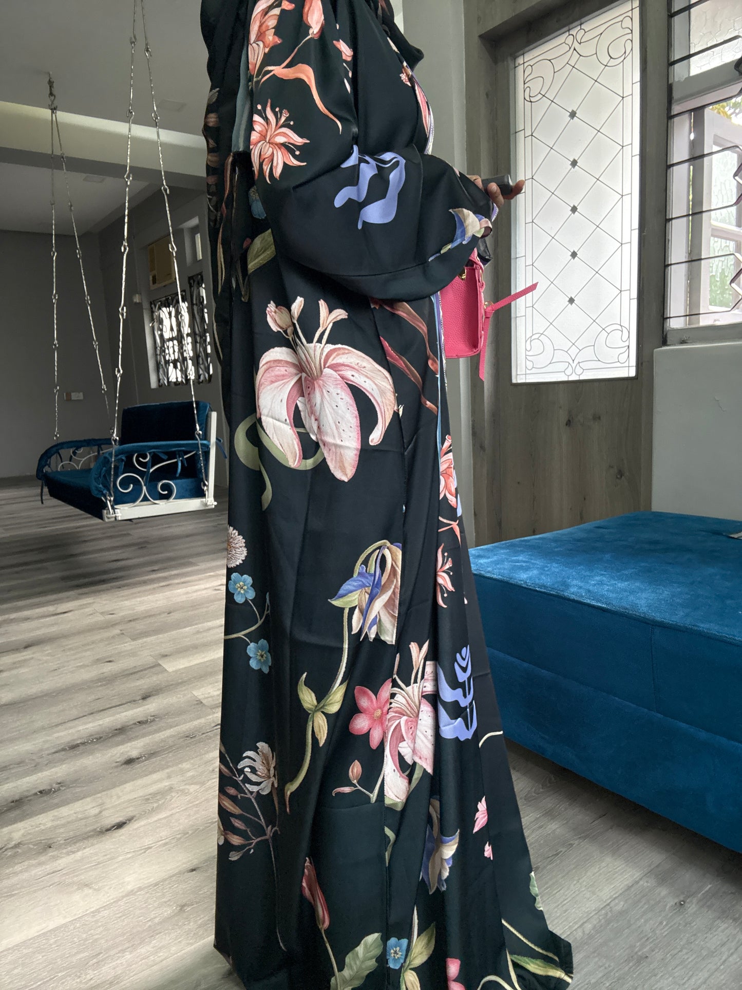 Luxury Floral Print Black Abaya