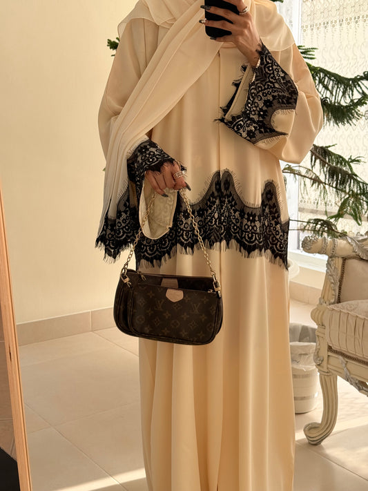 ‘Farya’ Cream and Black Laced Abaya