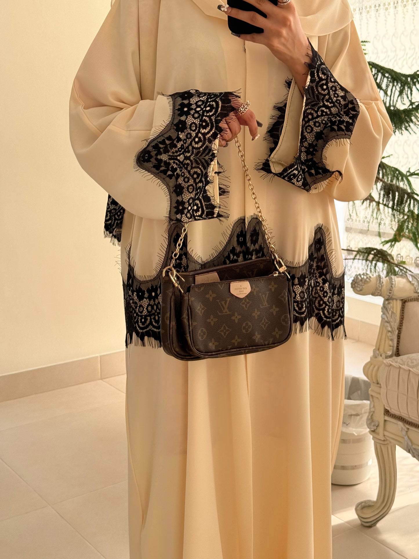 ‘Farya’ Cream and Black Laced Abaya
