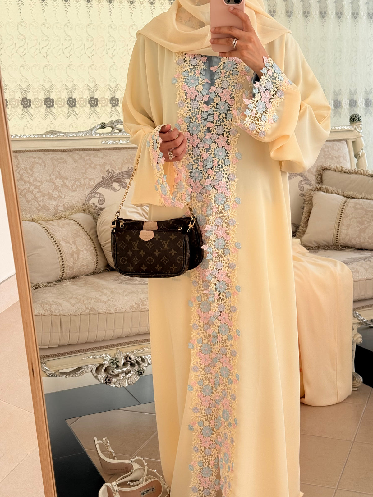Butter Yellow Laced Abaya