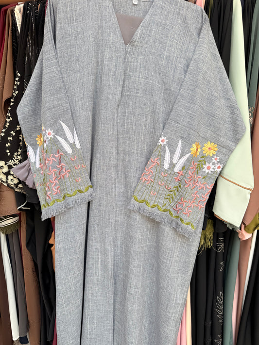 Flora Grey Linen Premium Abaya