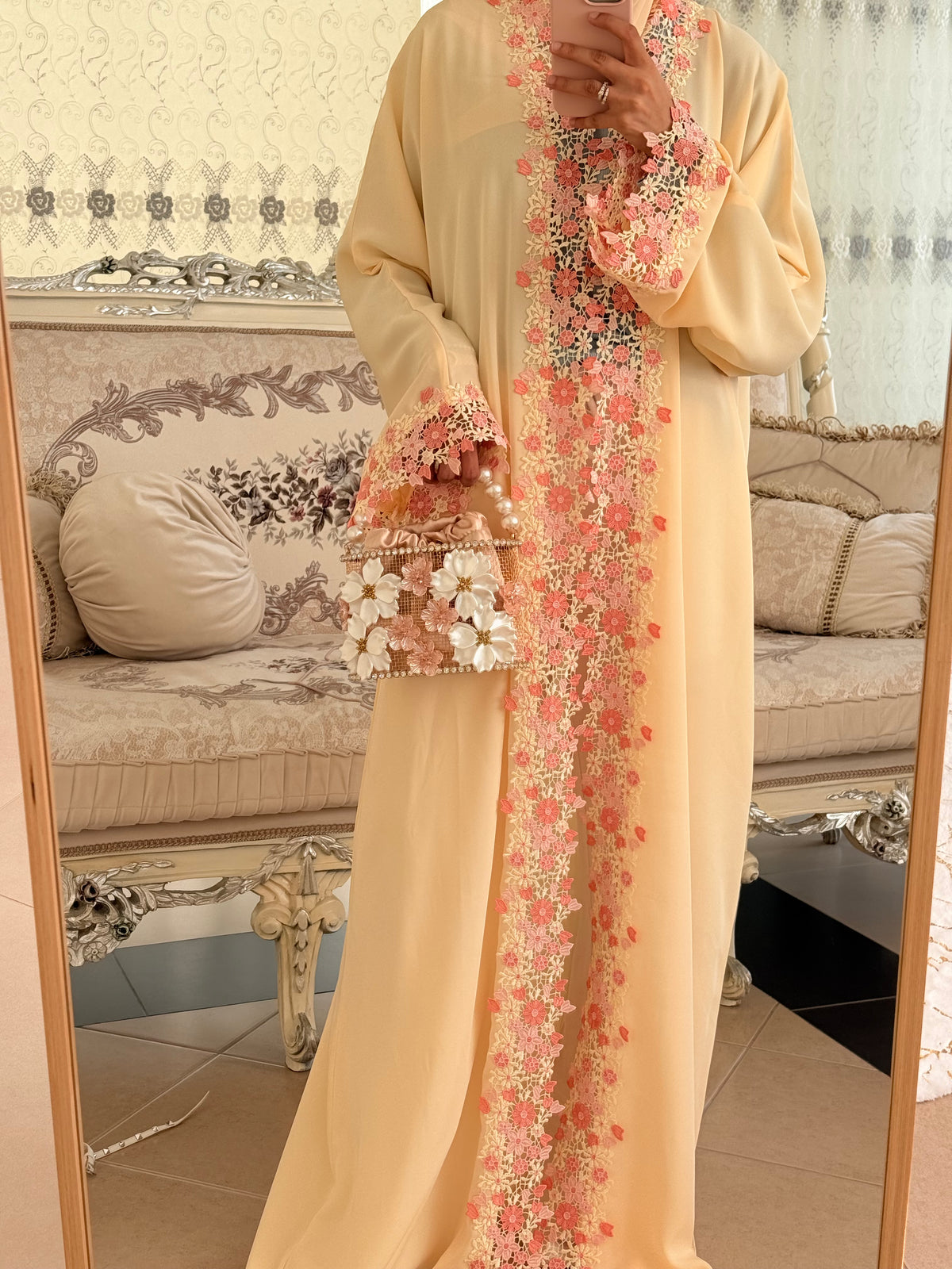 Cream Laced Abaya ft Pink Lace