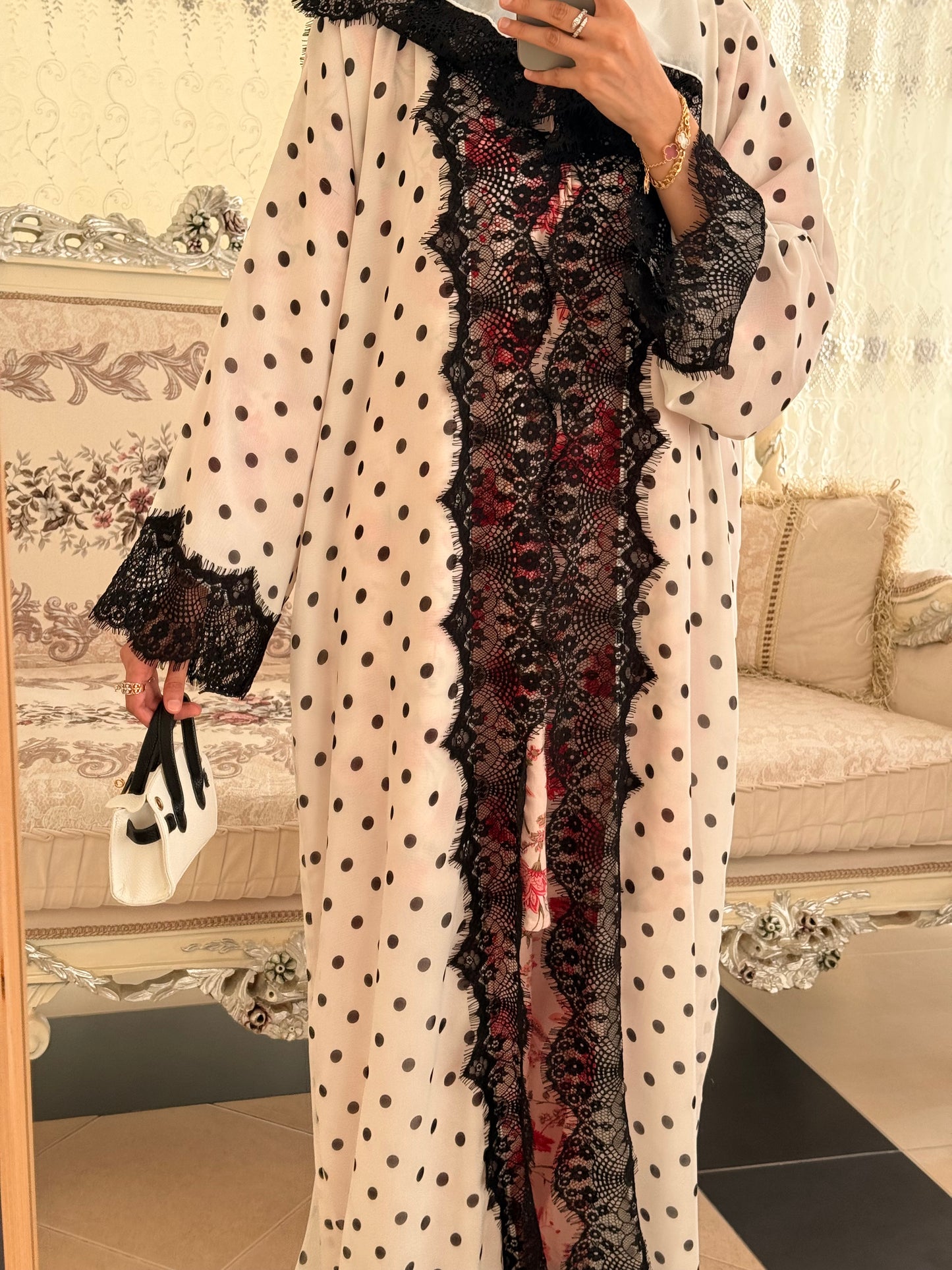 White Polka Dot Abaya with Lace