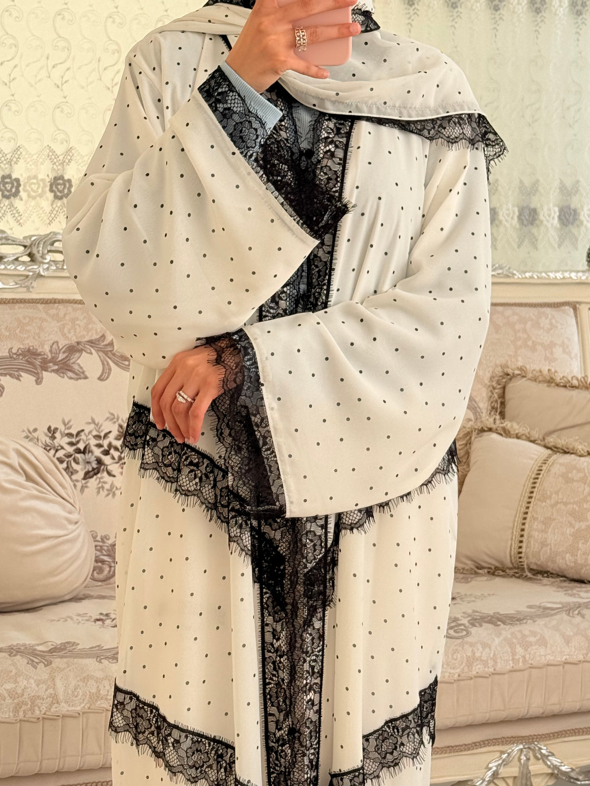 Marwah Luxury Double Chiffon Polka Laced Abaya