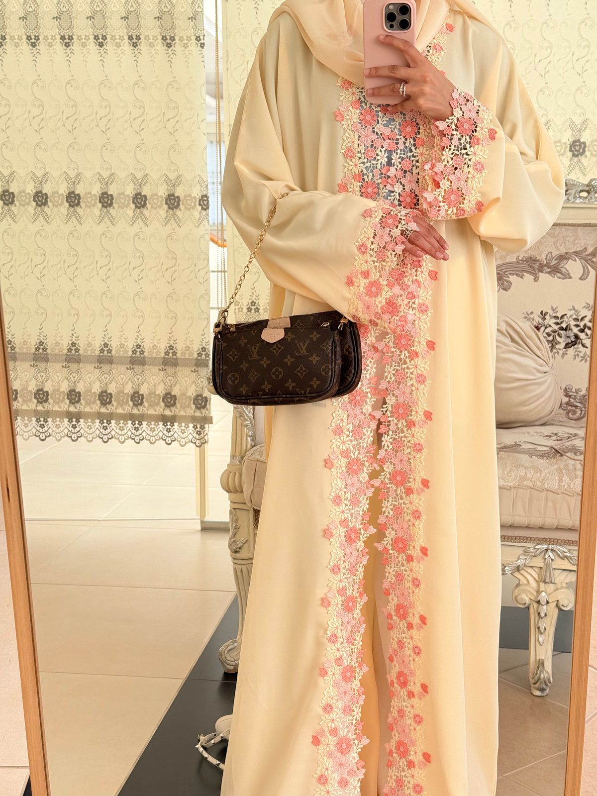 Cream Laced Abaya ft Pink Lace