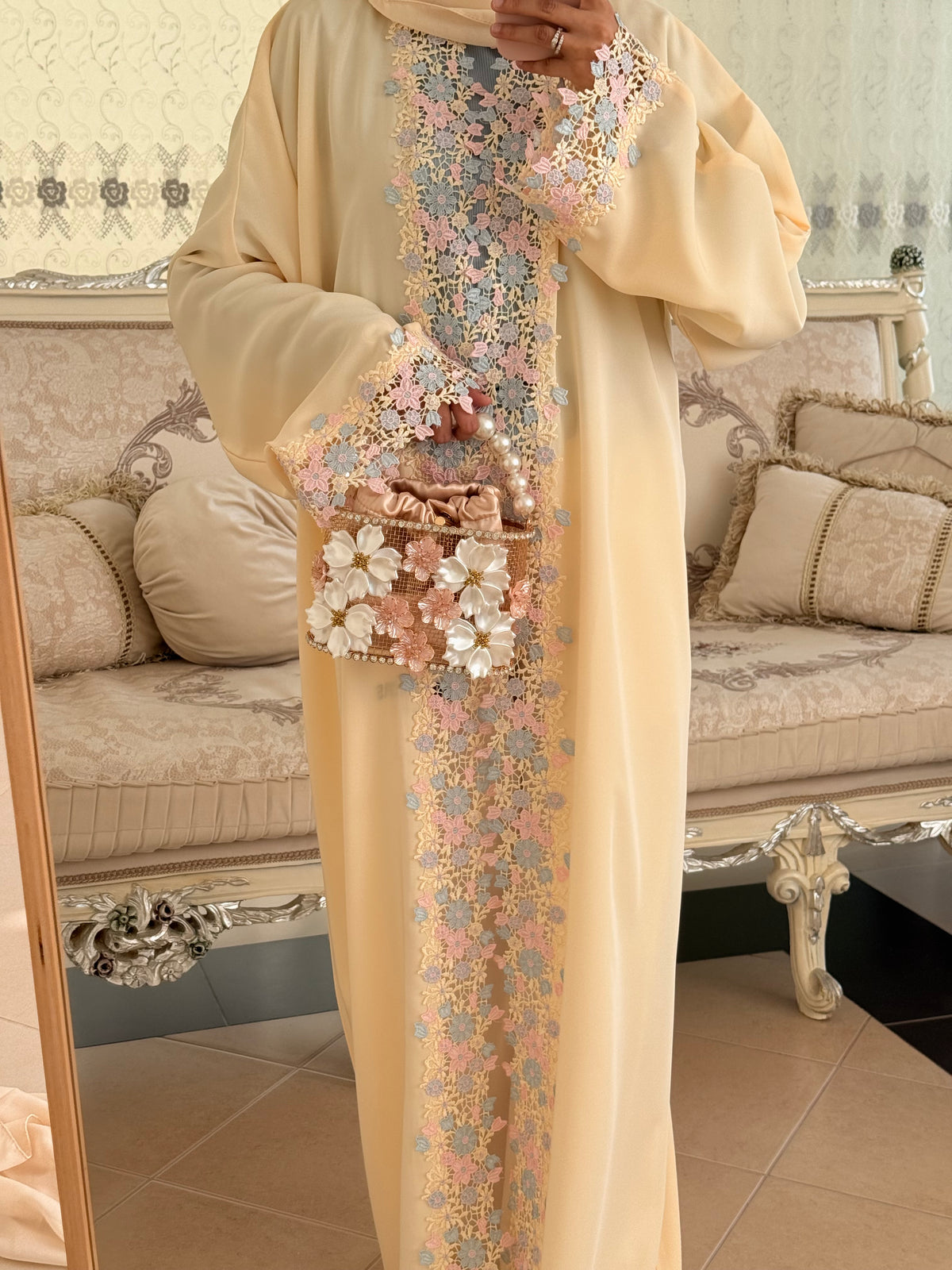 Butter Yellow Laced Abaya