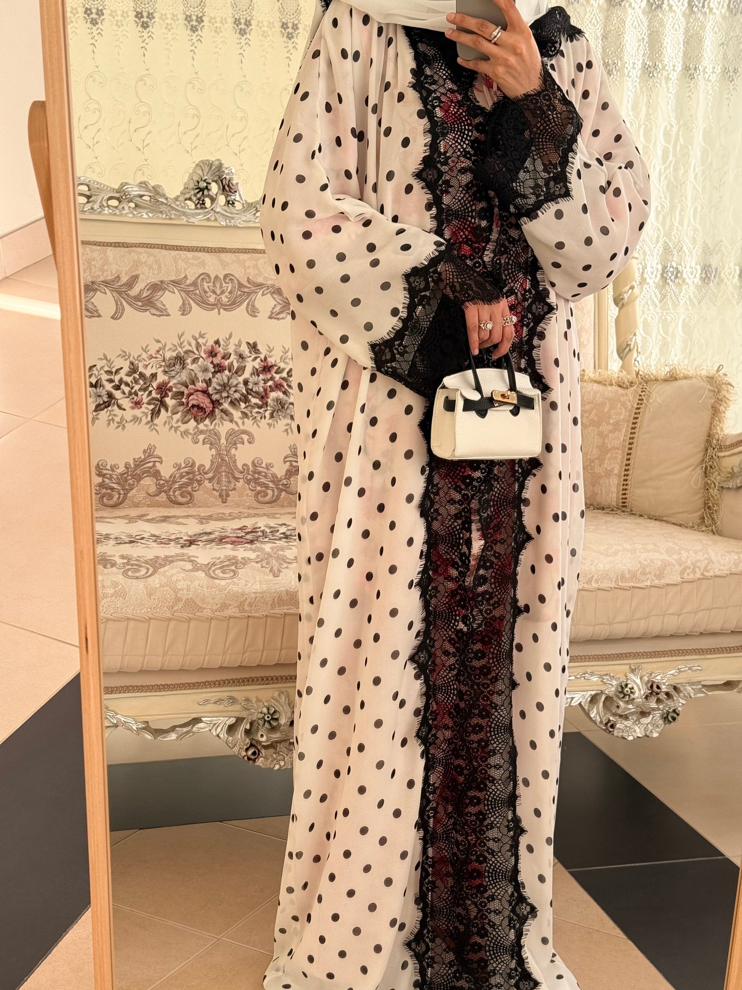 White Polka Dot Abaya with Lace