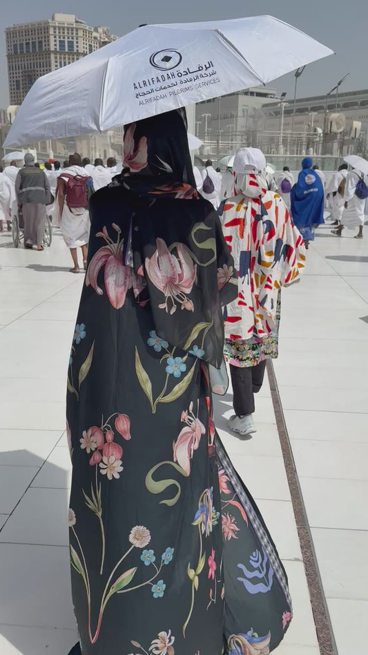 Luxury Floral Print Black Abaya